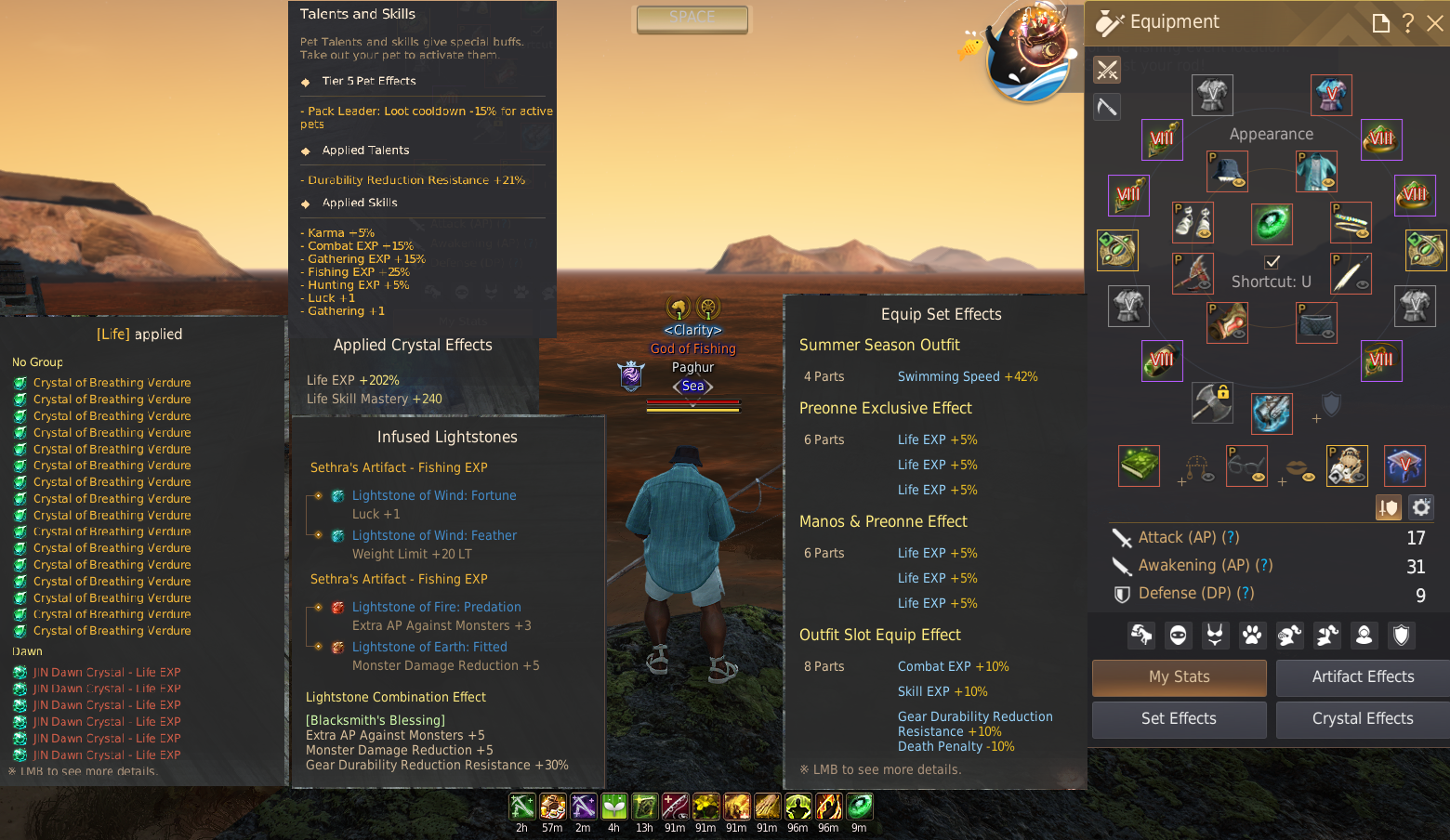 Example Fishing EXP setup showing equipment, artifacts, lightstones, crystals, and active buffs
