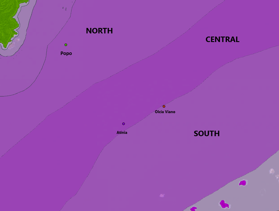 Map of Margoria North, Central, and South marking the NPC boats Popo, Atinia, and Olcia Viano