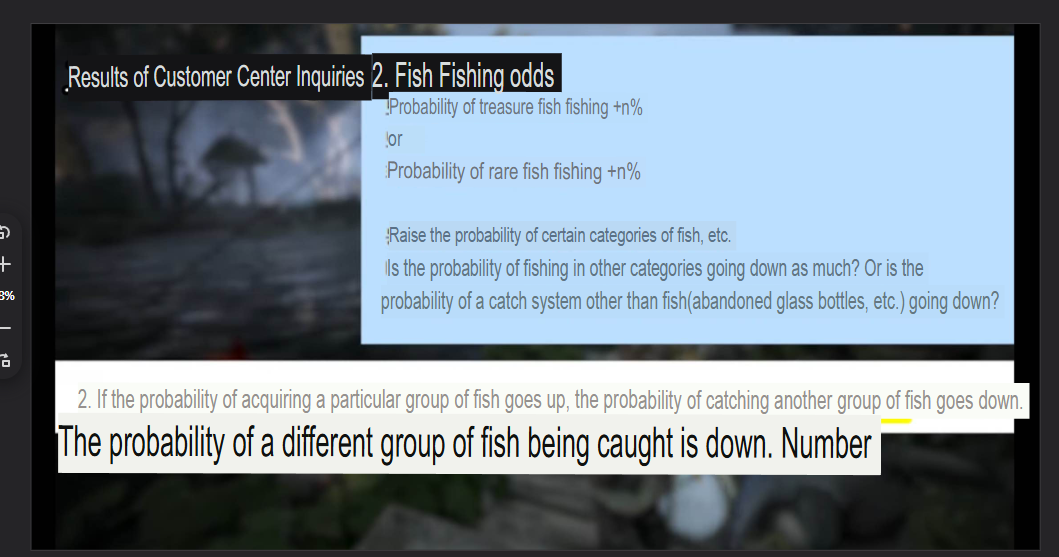 Korean customer support response explaining that increasing one fish group probability lowers another group probability
