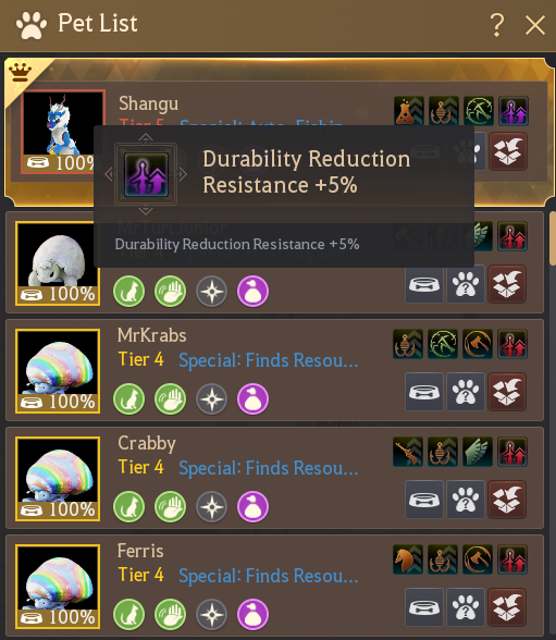 Pet List showing Durability Reduction Resistance talents on one Tier 5 and four Tier 4 pets
